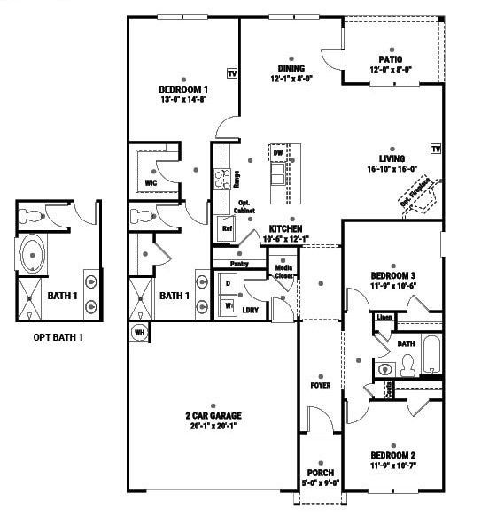 Floor plan of a single-story house featuring 3 bedrooms, 2 baths, kitchen, living room, 2-car garage, and a patio.