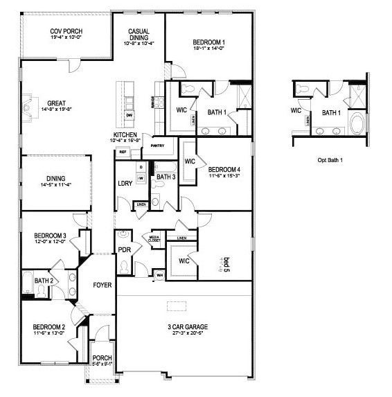Floor plan of a house with multiple bedrooms, bathrooms, a kitchen, and a garage.