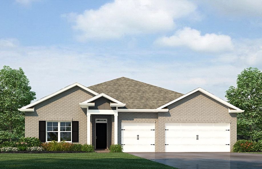 Single-story brick house with two-car garage, black shutters, and a blue sky background.