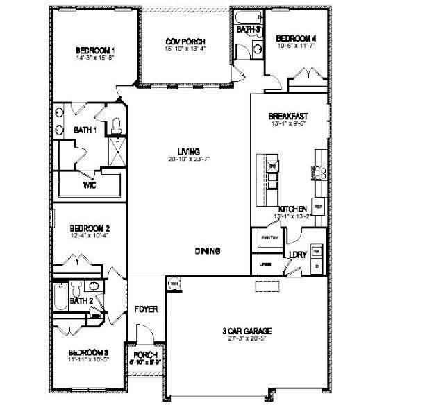 Floor plan of a house featuring 4 bedrooms, 3 baths, a 3-car garage, and open living spaces.