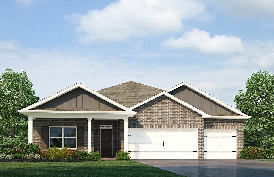 Ranch-style home with brown brick and siding, two-car garage, and a covered front porch on a sunny day.