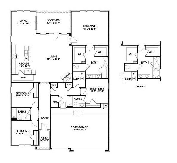 Floor plan of a house layout with 3 bedrooms, 2 bathrooms, kitchen, living room, dining area, and a 2-car garage.