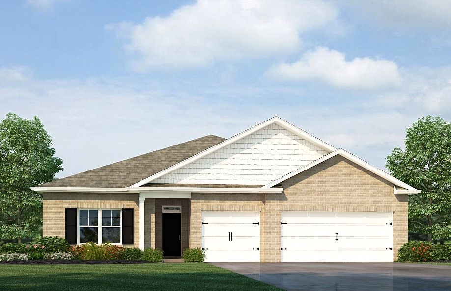 Brick ranch home with white garage doors, front door, and roof accent.