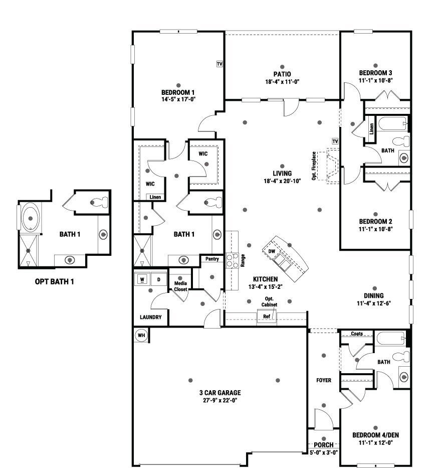 Floor plan of a house with 4 bedrooms, 3 car garage, kitchen, living room, patio.