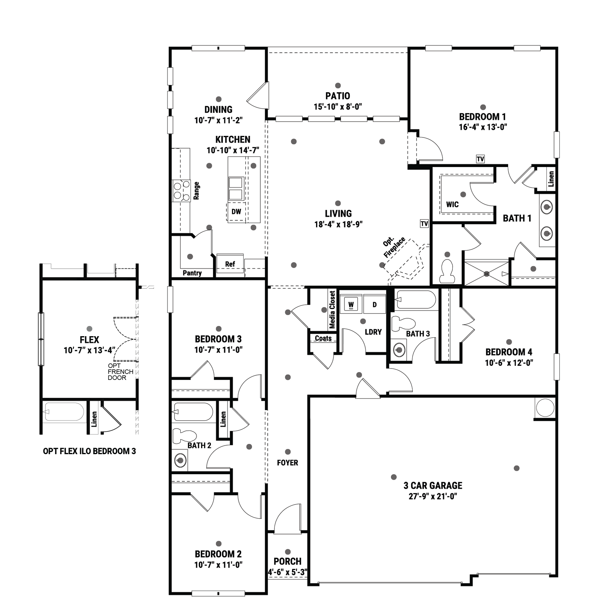 Floor plan of a single-story house with four bedrooms, a living room, dining area, and a two-car garage.