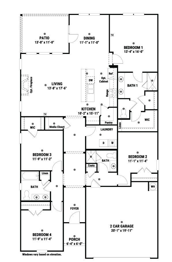 Floor plan of a single-story house with four bedrooms, kitchen, living, dining, and garage.