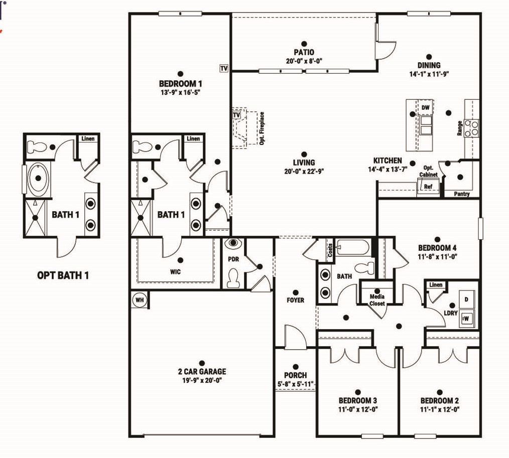 Floor plan of a house with three bedrooms, a kitchen, living room, patio, and a 3-car garage.