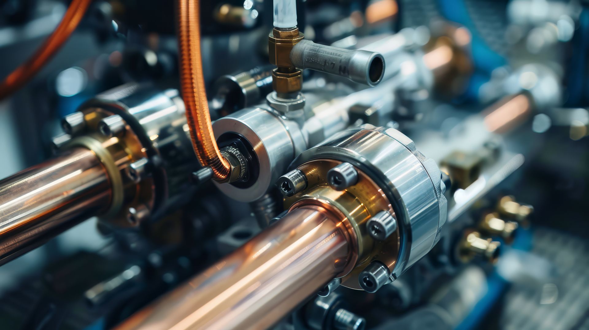 Close-up of copper pipes and metal valves in an industrial machine with orange cables