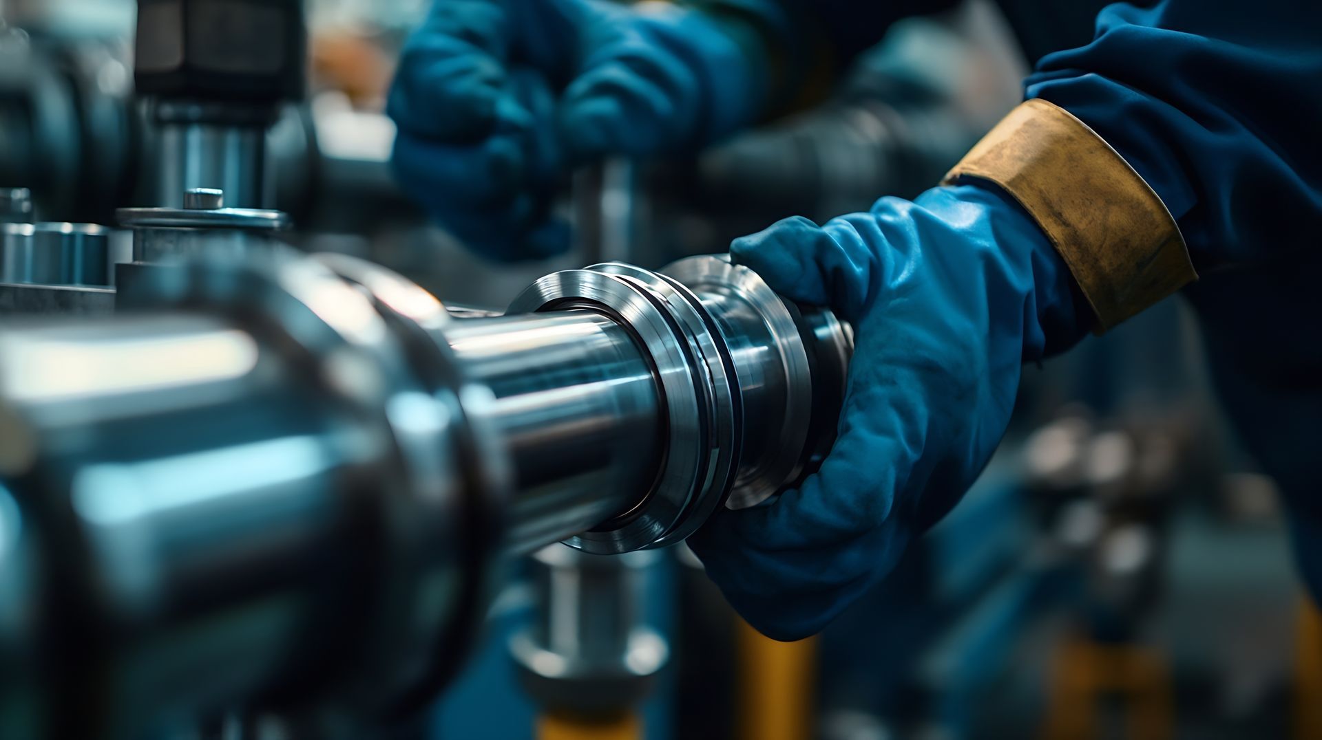 Blue-gloved worker tightening a metal pipe in an industrial workshop