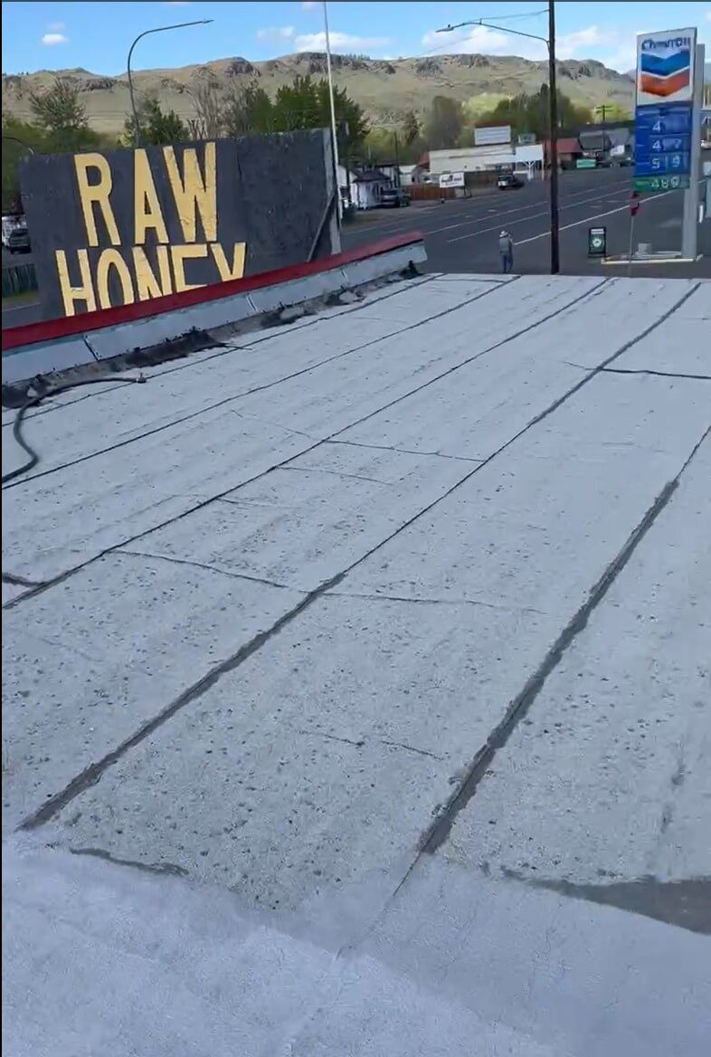 Worn-out four-layer roof on the Naches Fruit Stand in Naches, Washington.