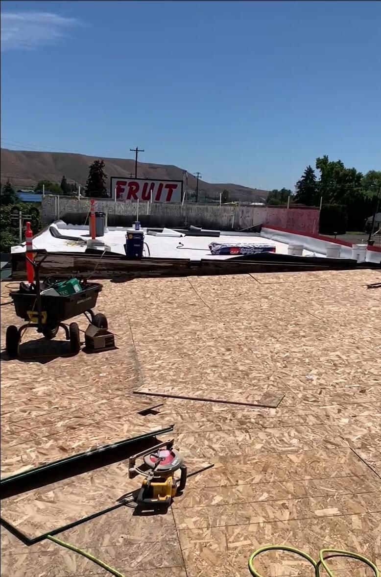 Re-sheeted roof at Naches Fruit Stand during renovation process.