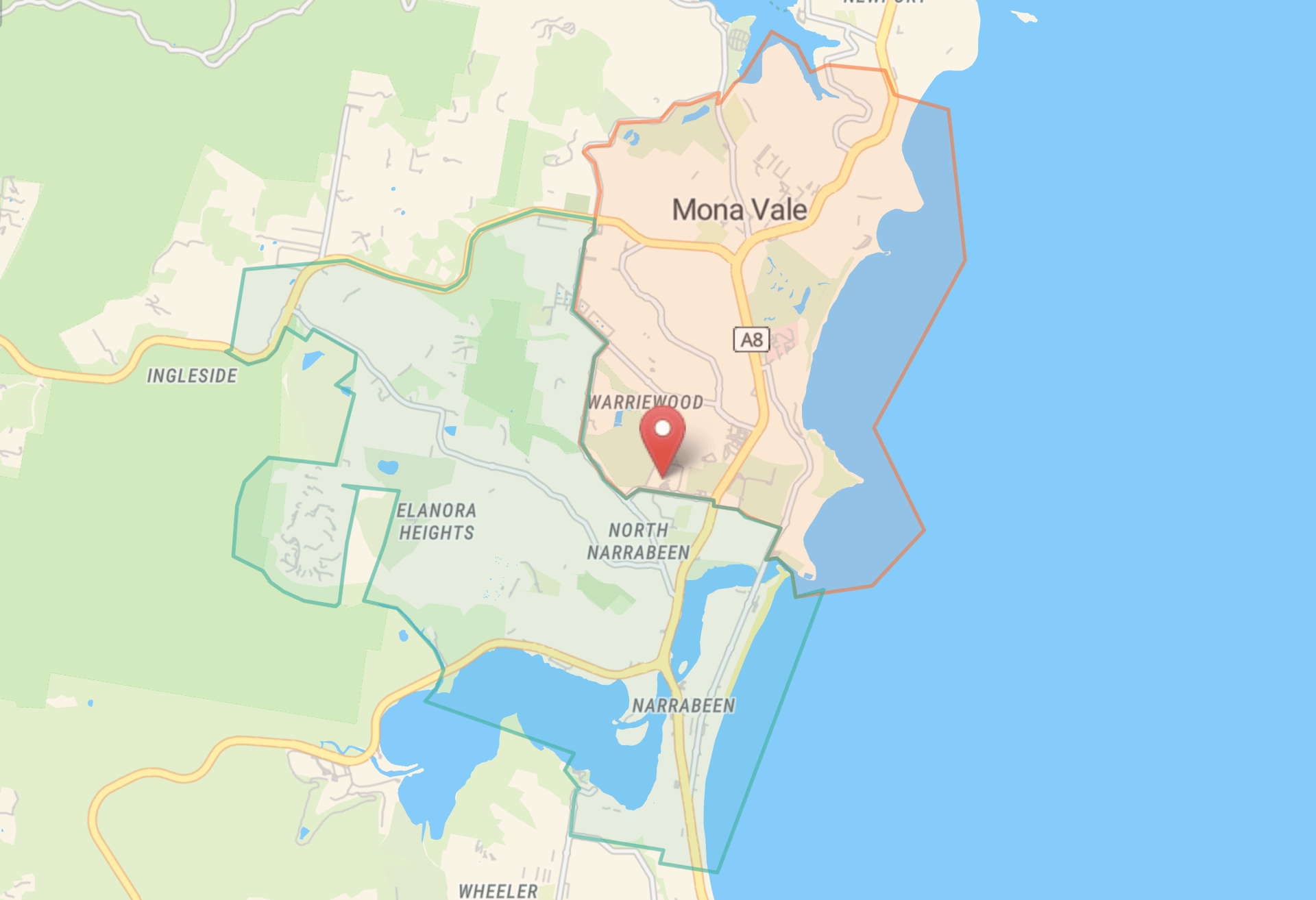 Delivery map on Warriewood, Mona Vale, Narrabeen, Ingleside, Elanora Heights
