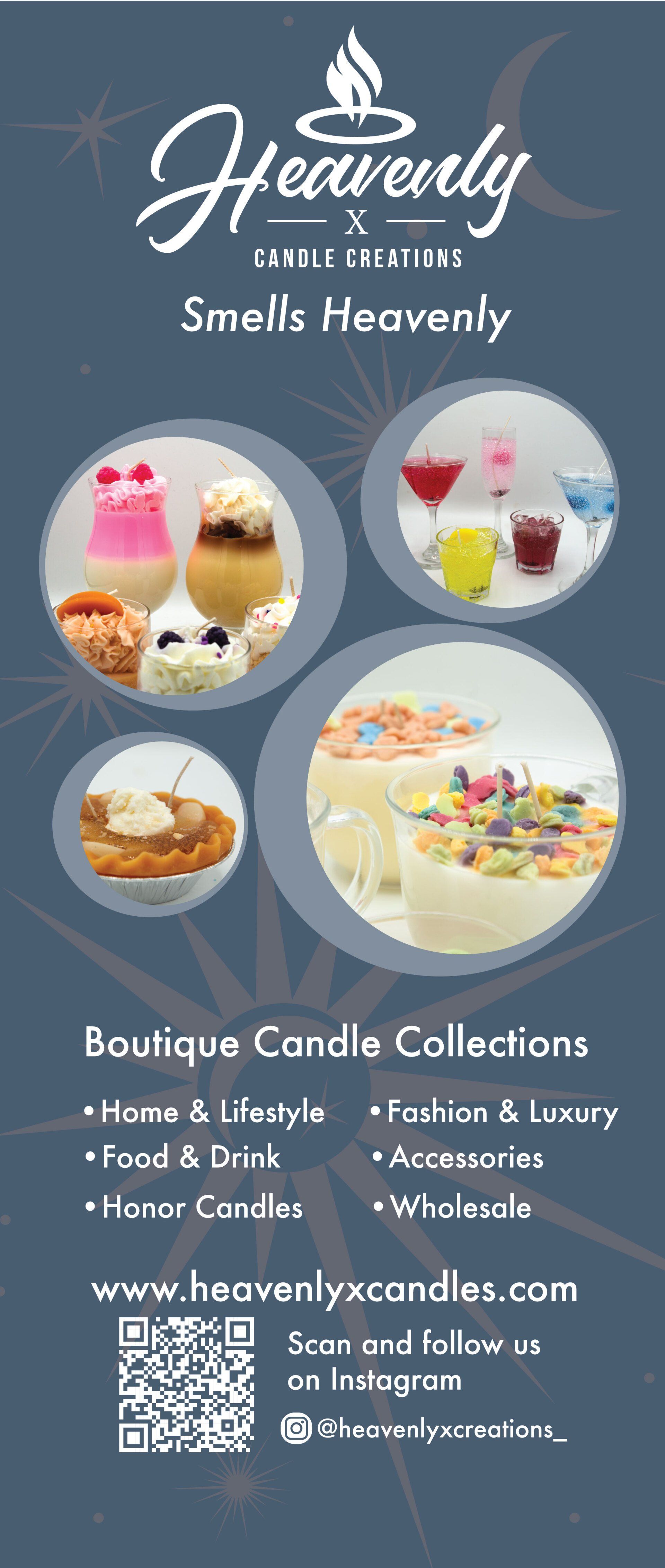 a poster for heavenly scented candles shows a variety of candles in circles .
