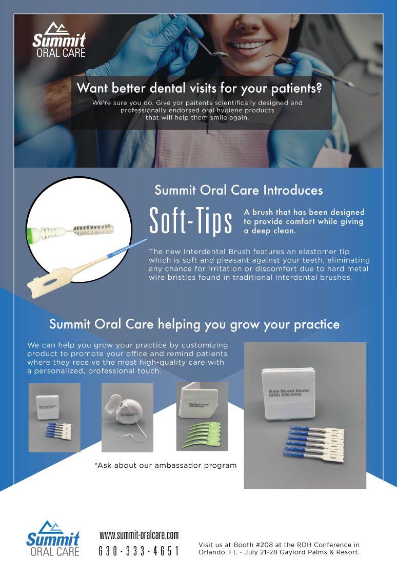 an advertisement for summit oral care introduces soft tips and summit oral care helping you grow your practice