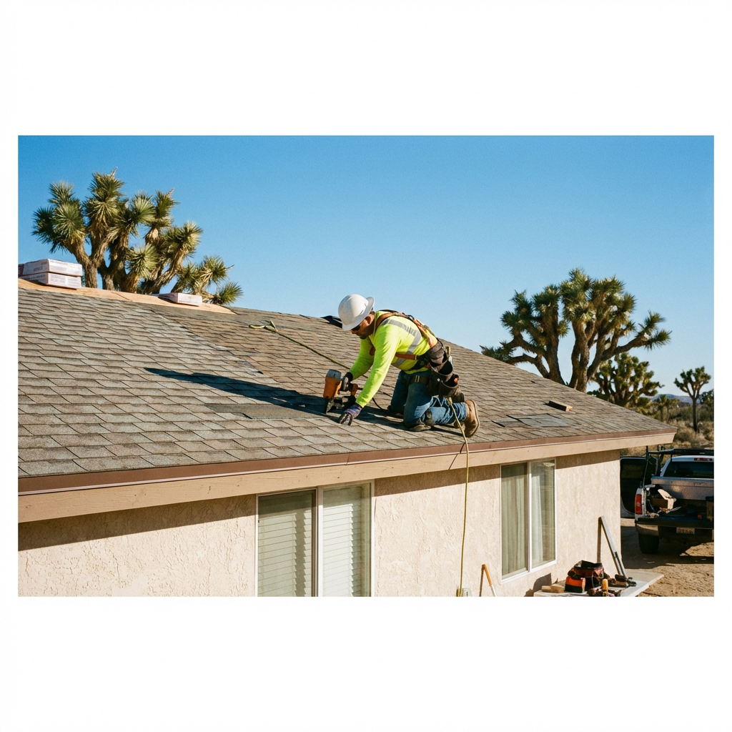 Licensed roofer installing architectural shingles on a home in Adelanto, CA High Desert