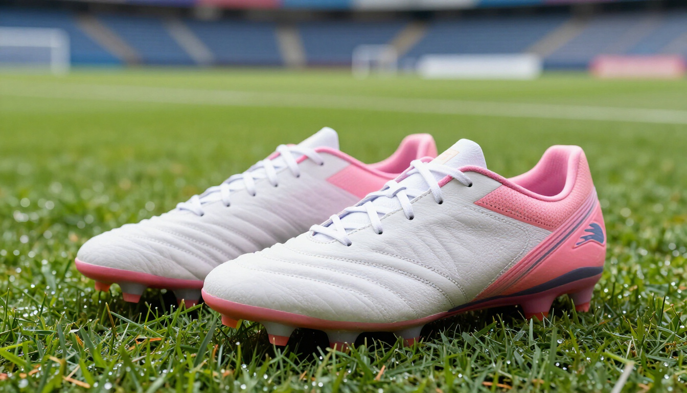 Dichtbij opname van moderne vrouwenvoetbalschoenen op een grasveld.