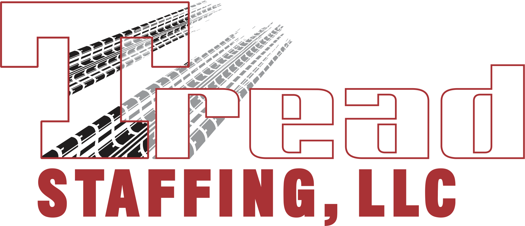 TREAD Staffing LLC logo in white and red text with tire track inside the letter 'T'