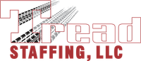 TREAD Staffing LLC logo in white and red text with tire track inside the letter 'T'