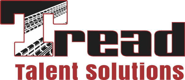 TREAD Staffing text logo in white and red
