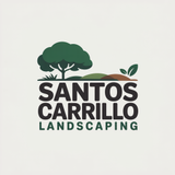 Logo for Santos Carrillo Landscaping: Tree over the company name, with small hills and leaves.
