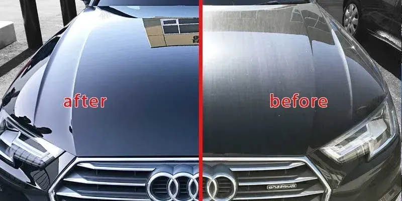 Car hood comparison: left side is a glossy black 