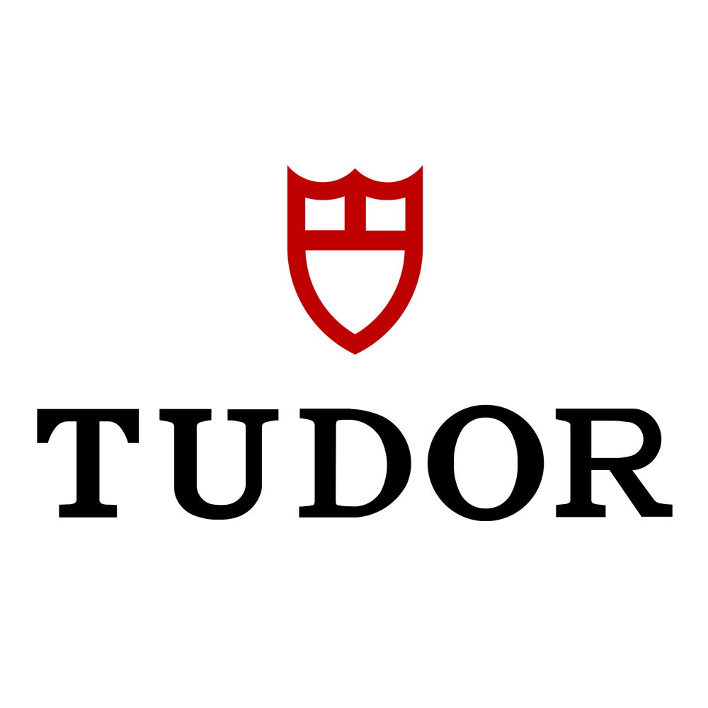 A tudor logo with a red shield on a white background.