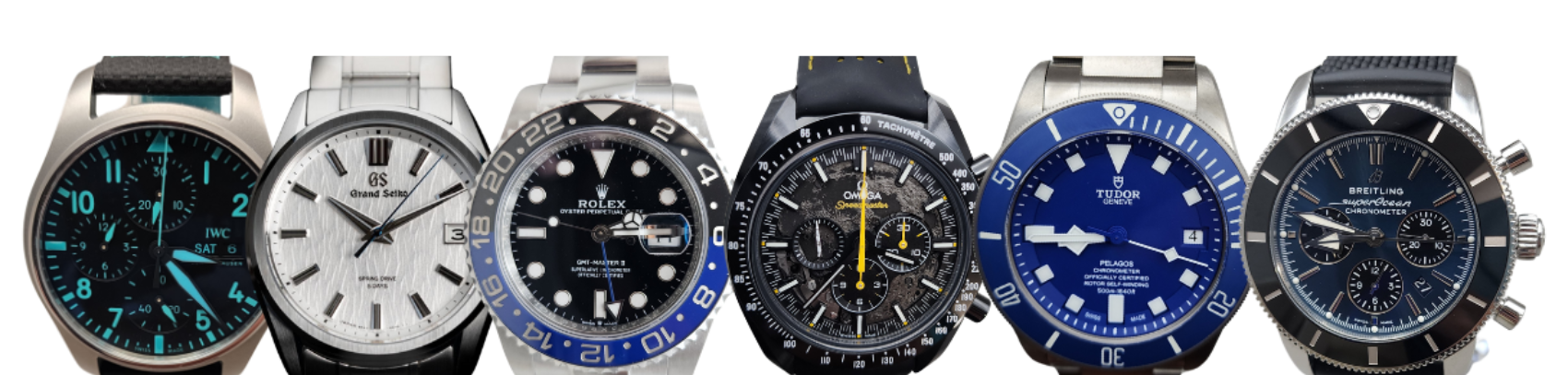 A row of watches are lined up in a row on a white background.