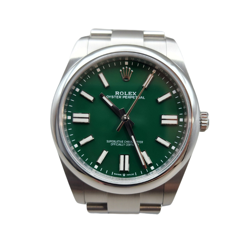 A silver rolex watch with a green face