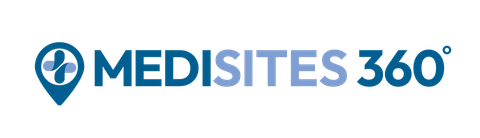 A logo for medisites 360 with a blue pin on a white background.