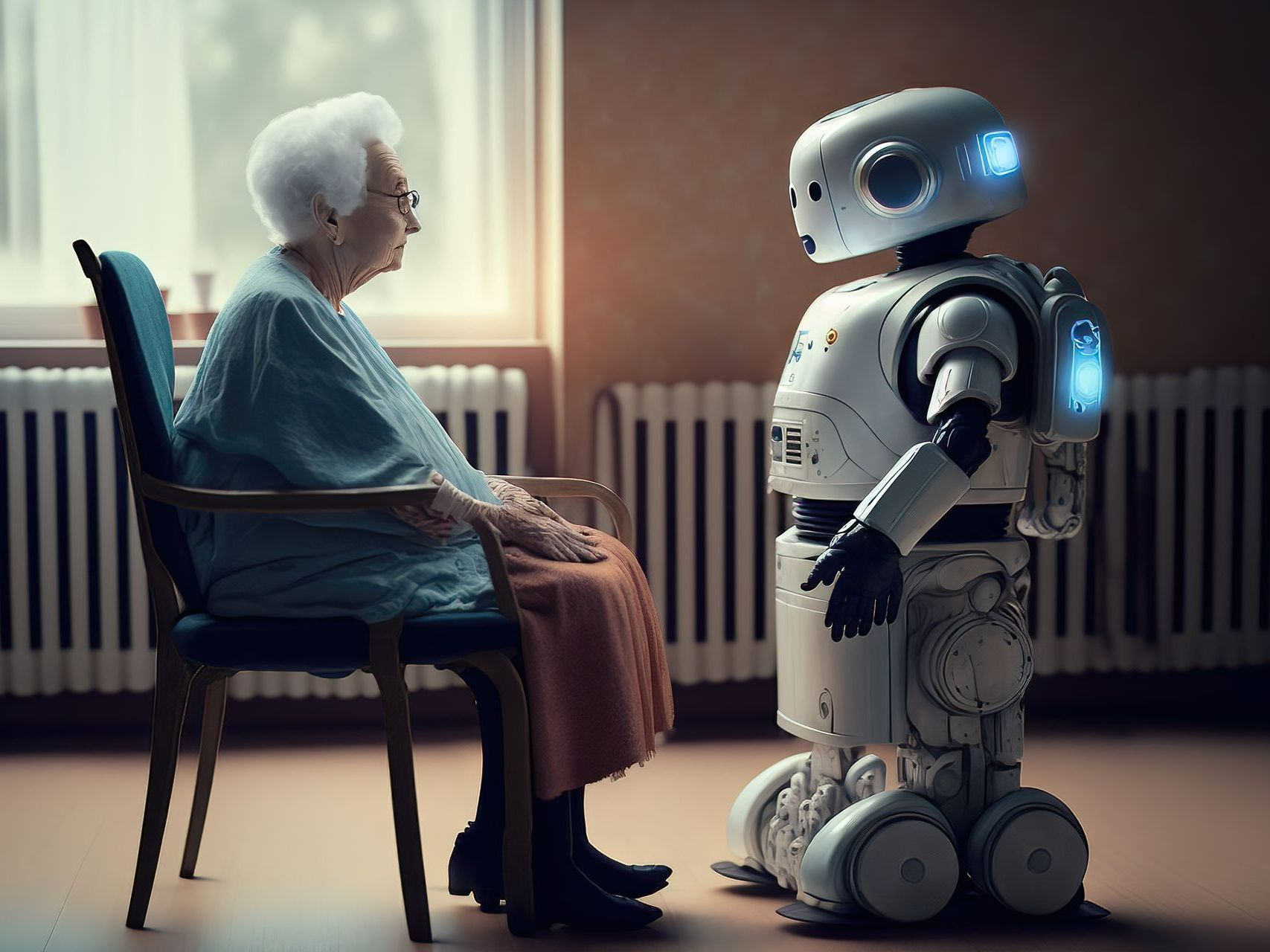 Elderly  woman sitting with her robotic AI caregiver companion.
