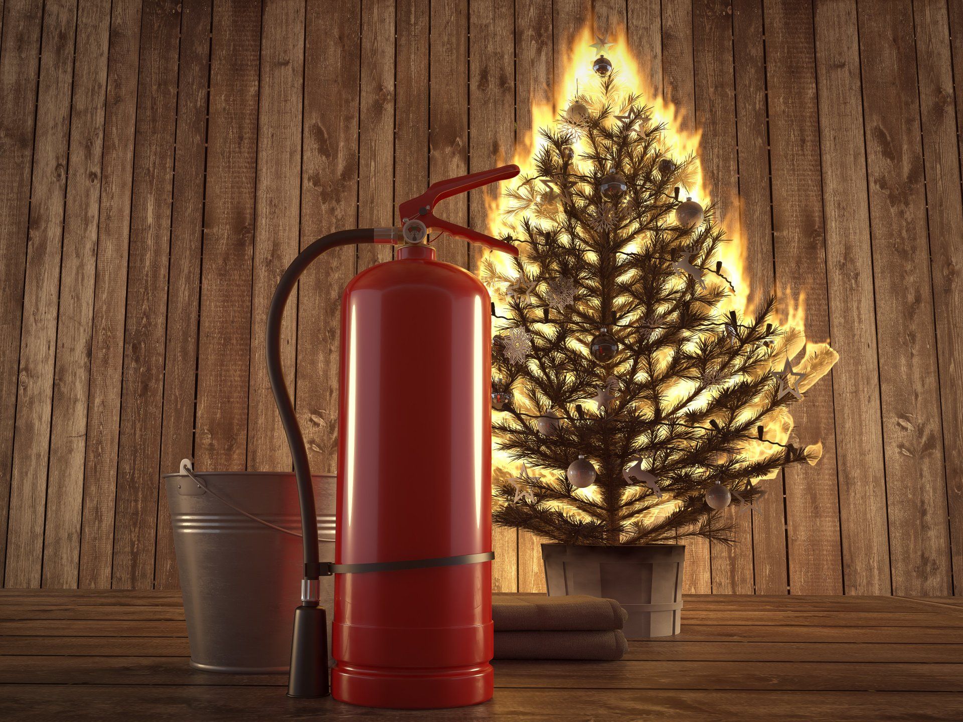 Christmas tree on fire with fire extinguisher and bucket sitting nearby.