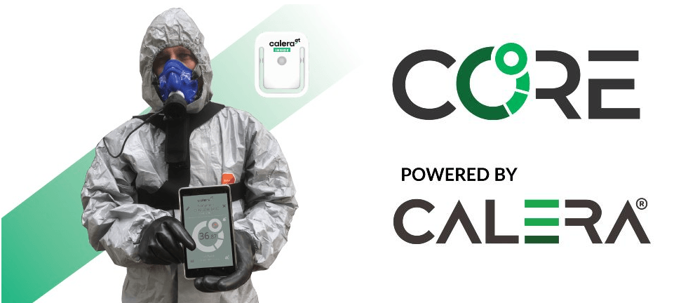 Core powered by Calera. Man in environmental suit holding up tablet with CORE running.