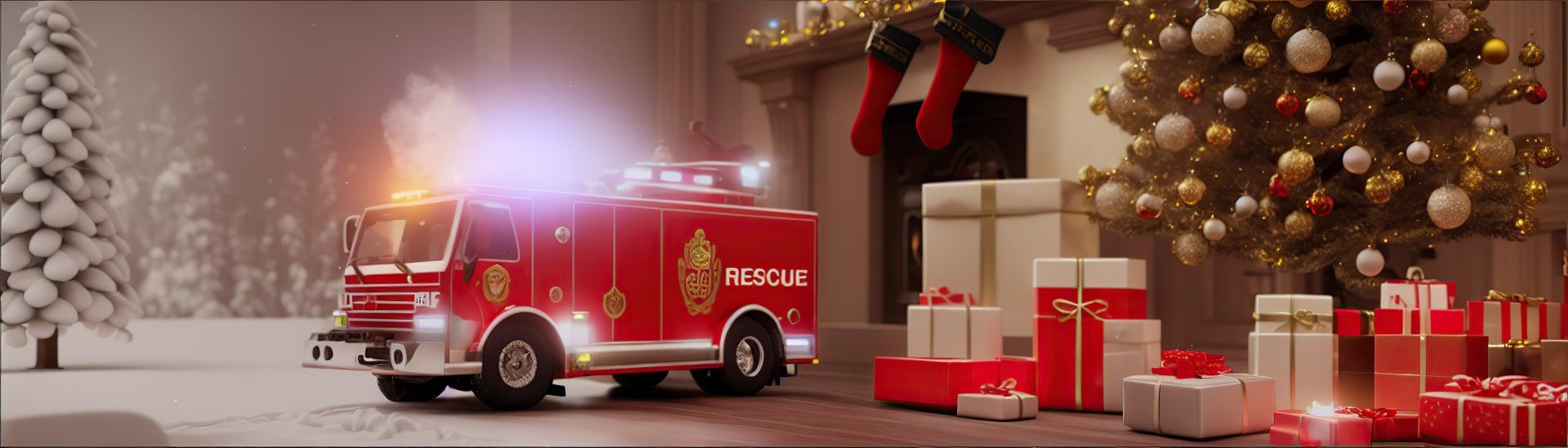Amalgam of toy fire truck under Christmas tree and real fire truck responding to emergency in snow.