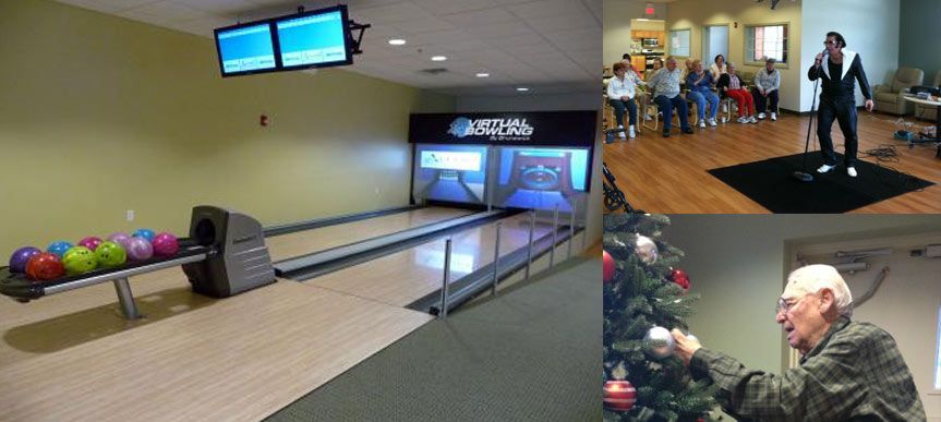 A bowling alley and a christmas tree are shown in a collage