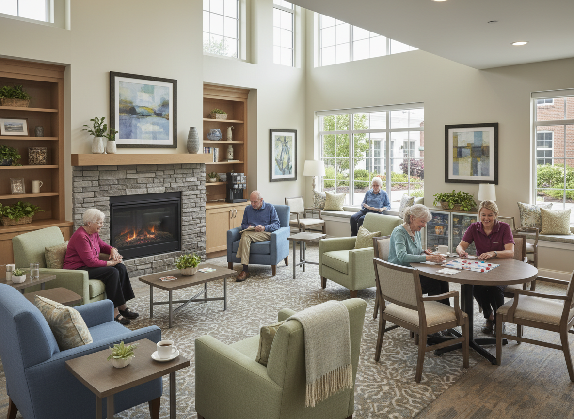 Cozy senior living room with residents reading, playing games, and sitting by a fireplace.