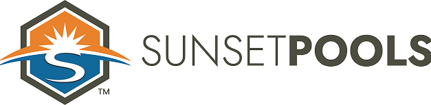 Sunset Pools logo with orange sun and blue water icon beside the text “SUNSET POOLS”