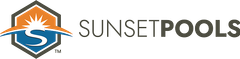 Sunset Pools logo with orange sun and blue water icon beside the text “SUNSET POOLS”