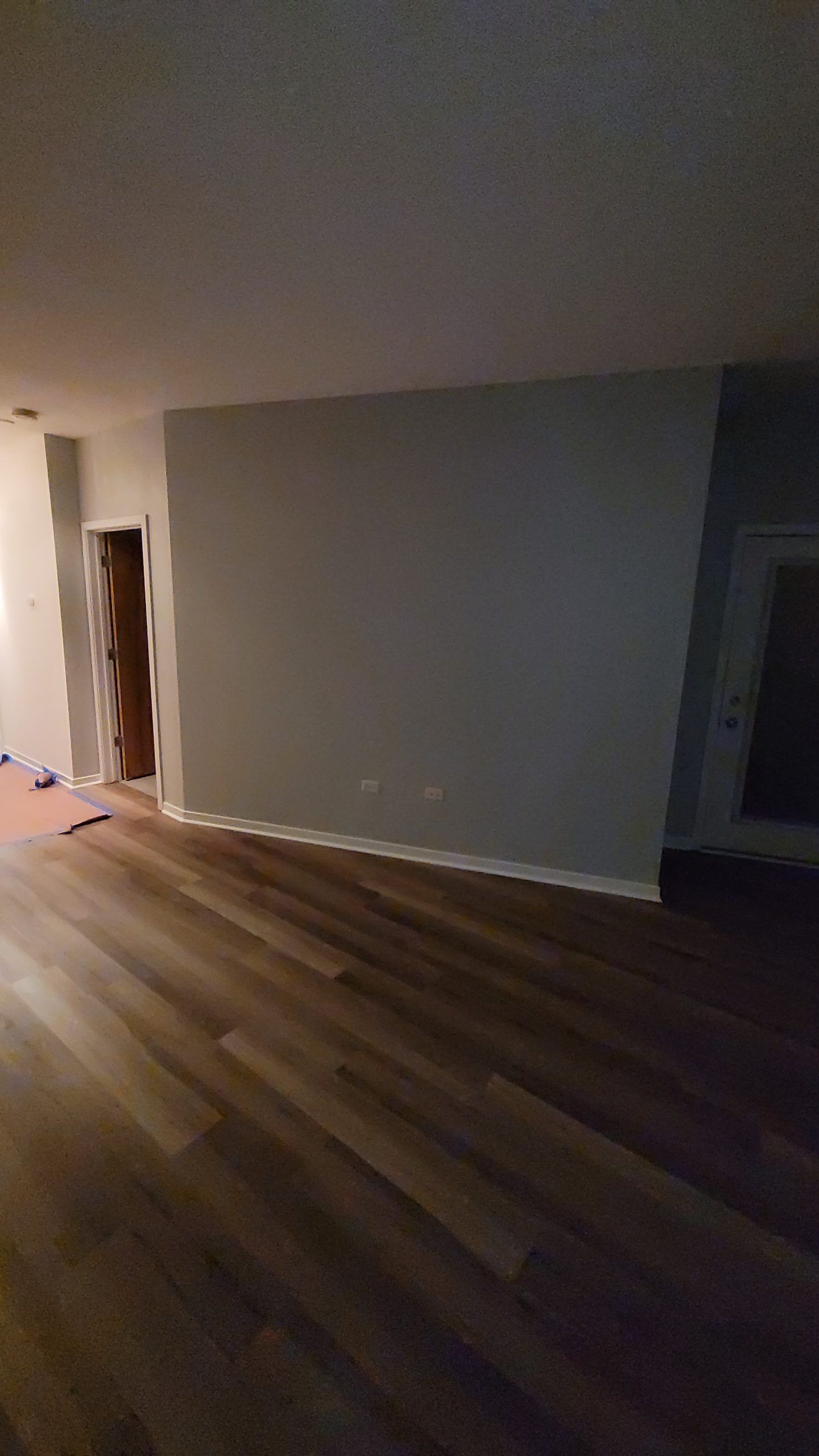 Empty room with dark wood-look floor, gray walls, doorway, and door with glass panels.