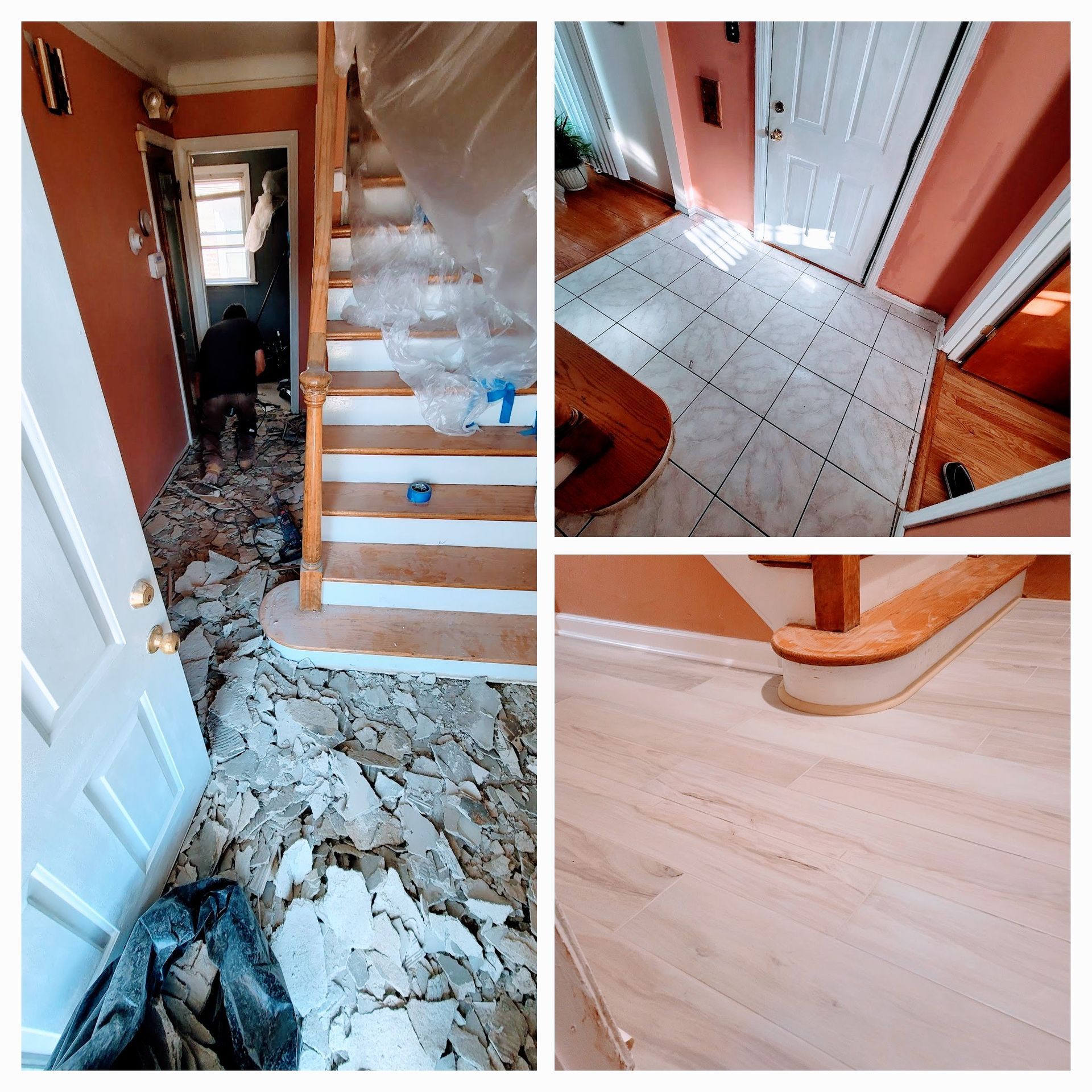 Home renovation in progress; debris on floor, stairs covered, doorway visible, new flooring installed.