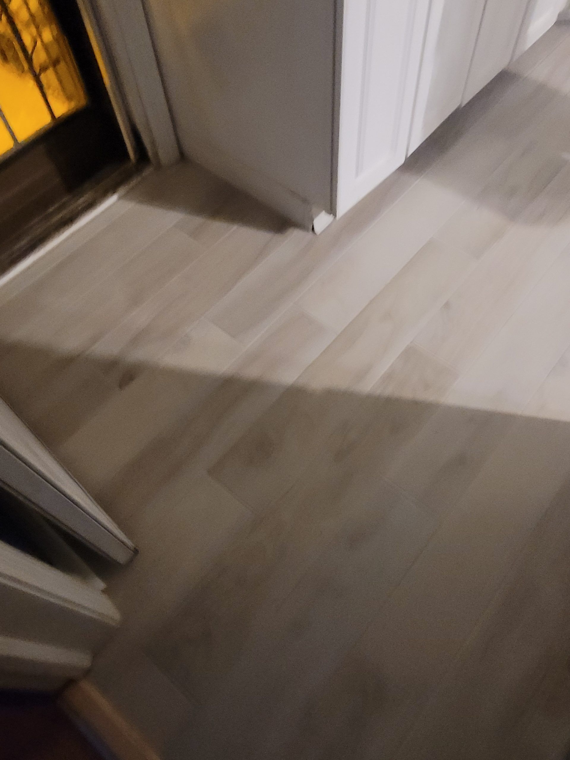 Light-colored wood-look flooring with a cabinet and door in the corner, possibly an entryway.