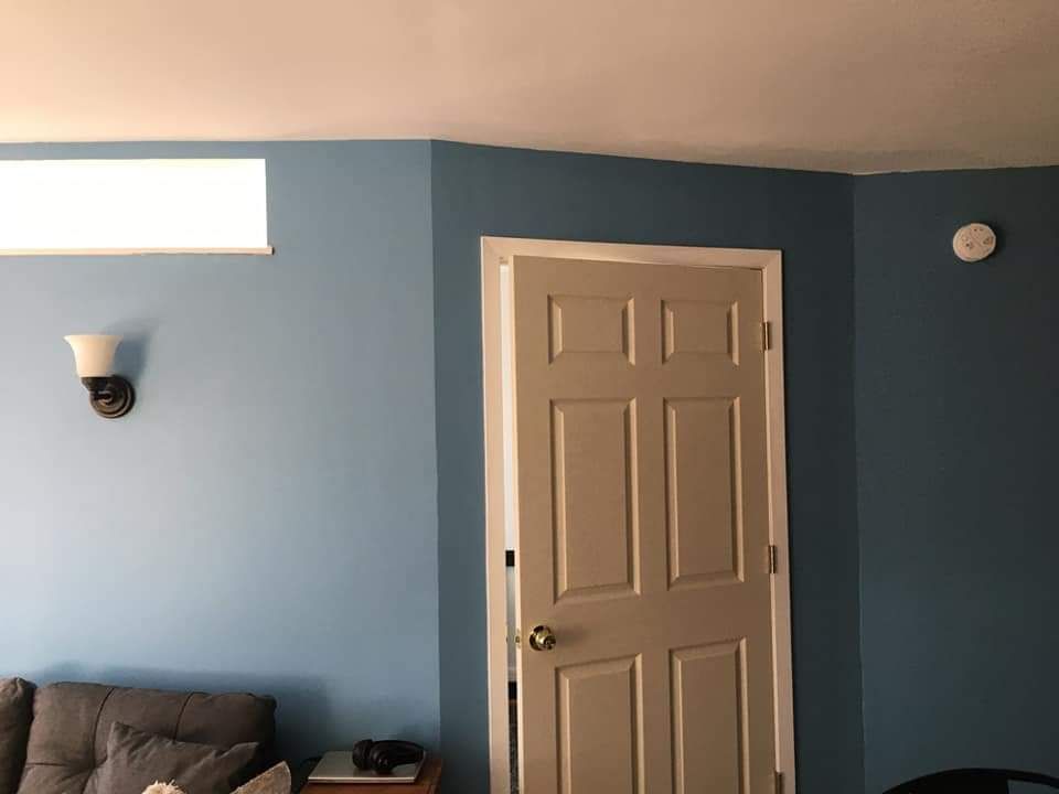 Blue-painted room corner with a closed white door. A light fixture and smoke detector are visible.