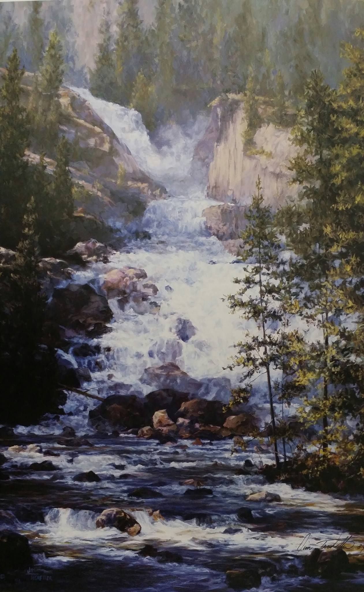 A painting of a waterfall in the middle of a forest