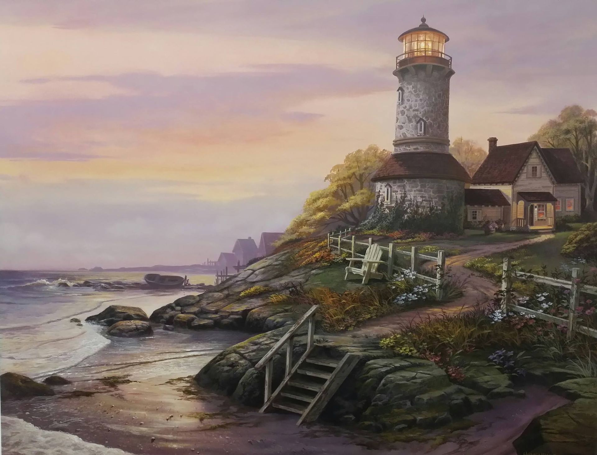 A painting of a lighthouse with stairs leading up to it
