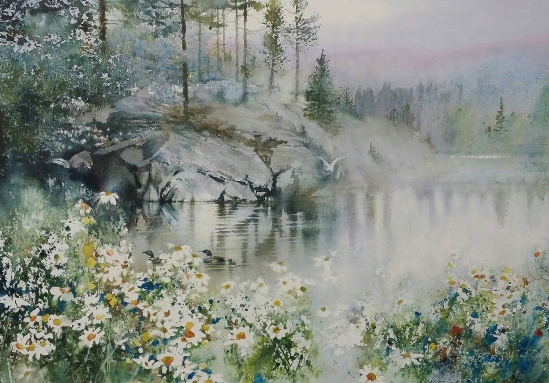 A painting of a lake with flowers in the foreground