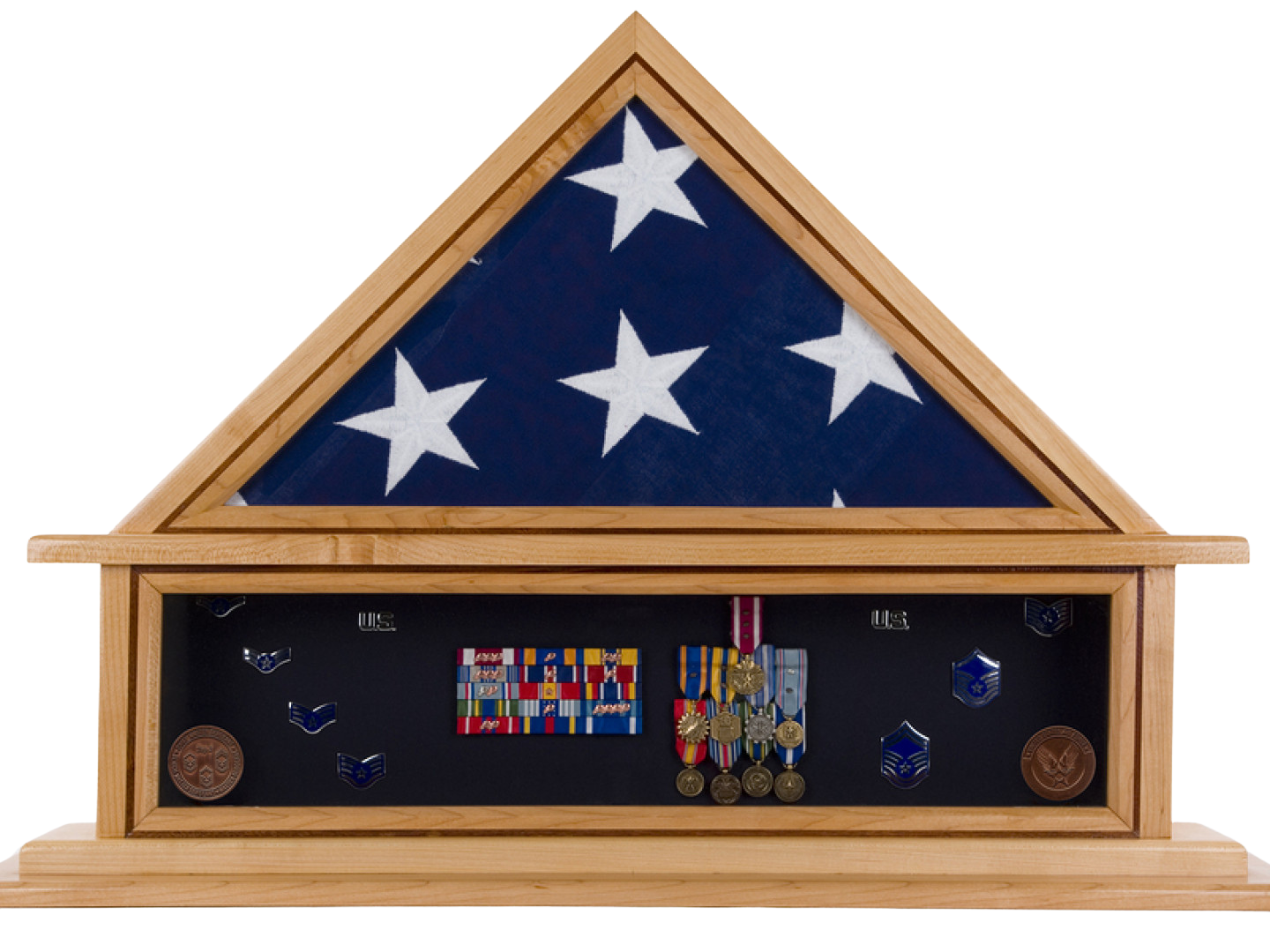 An american flag display case with medals and coins