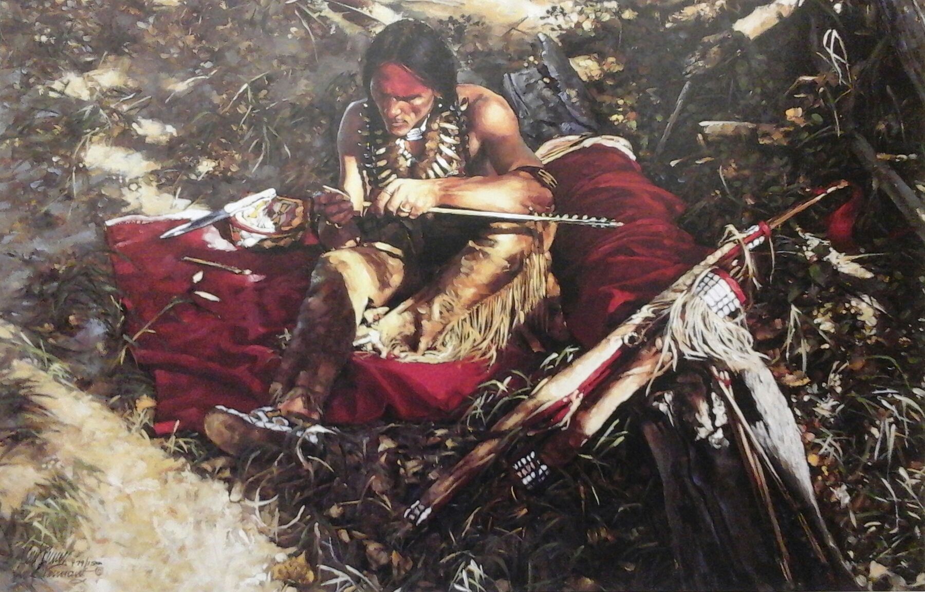 A painting of a native american laying on a red blanket