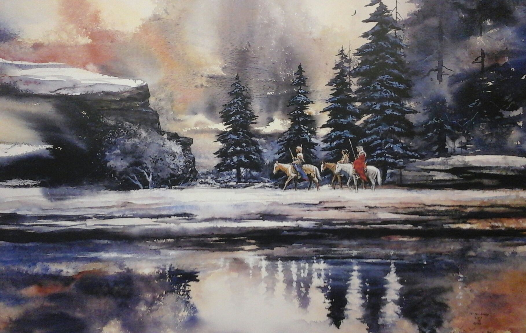 A painting of people riding horses in the snow