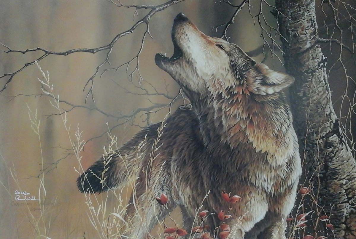 A painting of a wolf howling from a tree