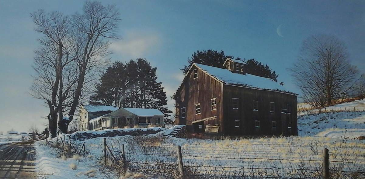 A painting of a barn and a house in the snow
