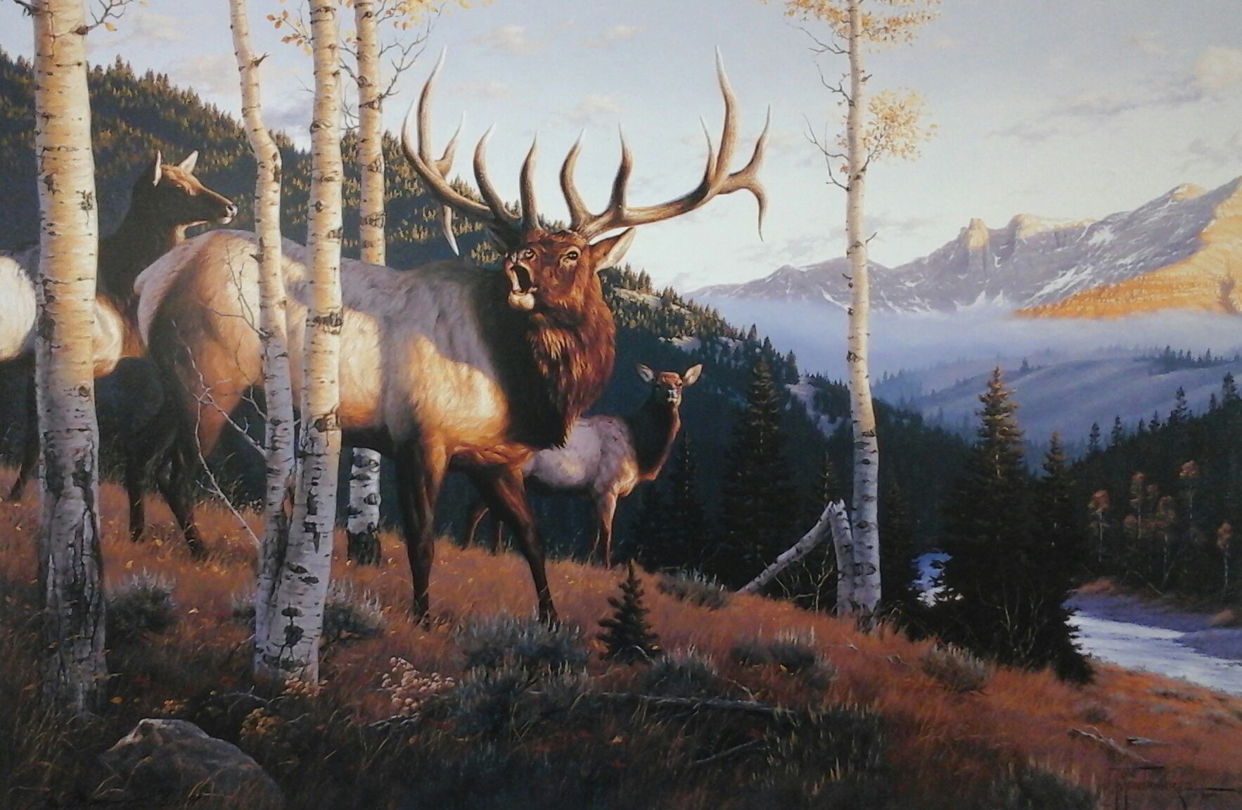A painting of a herd of elk in the mountains